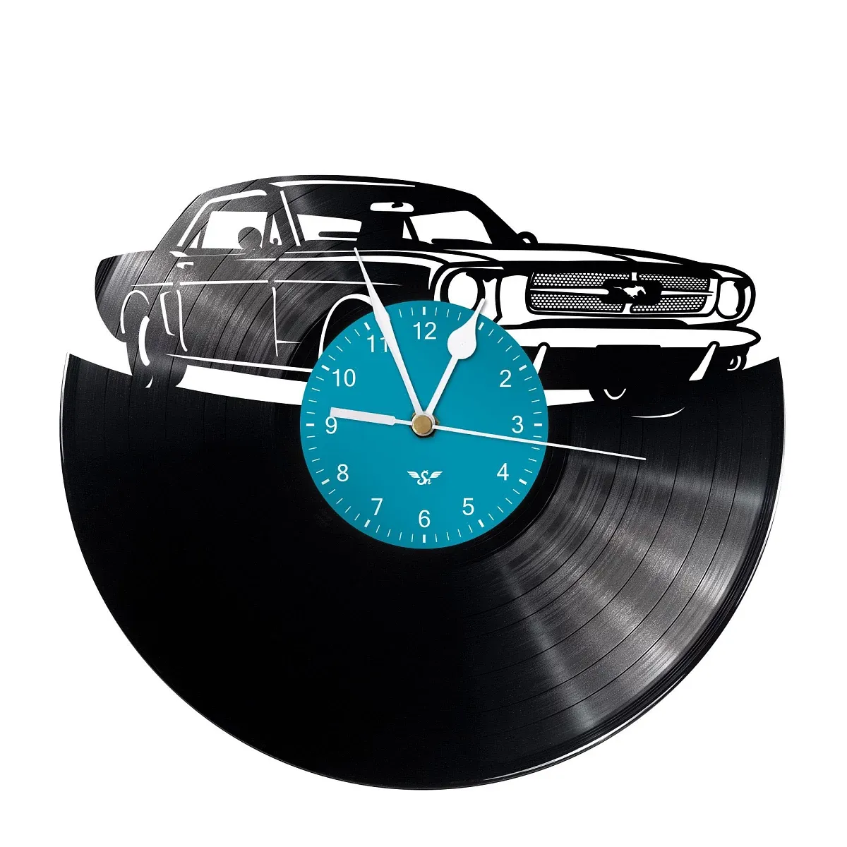 Vinyl record clock with Mustang motif