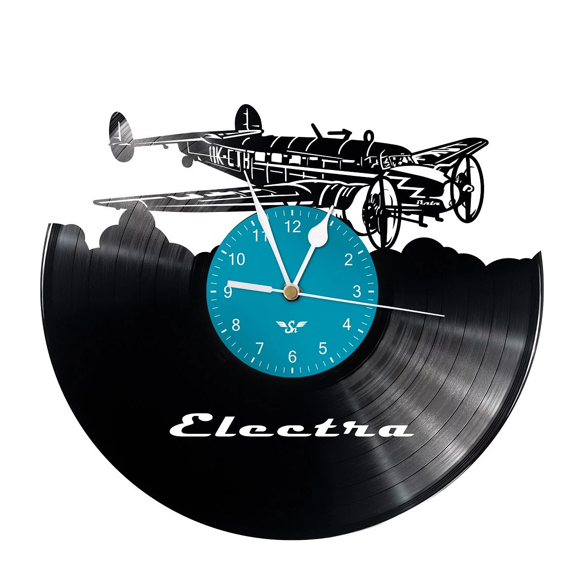 Vinyl record clock with Lockheed L-10  motif