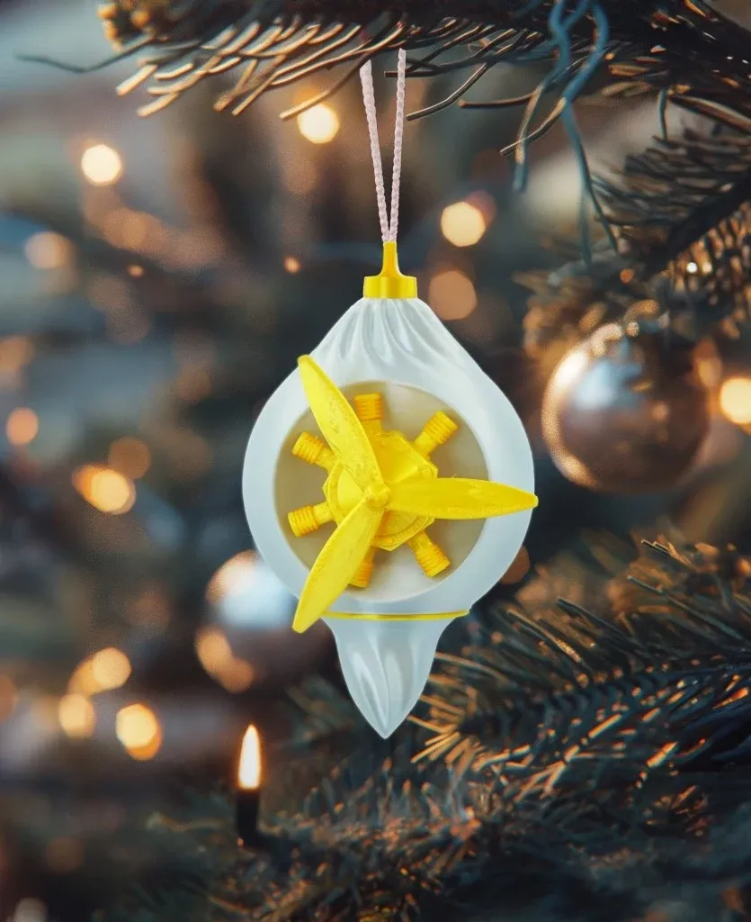 Kinetic Christmas ornament golden aircraft engine